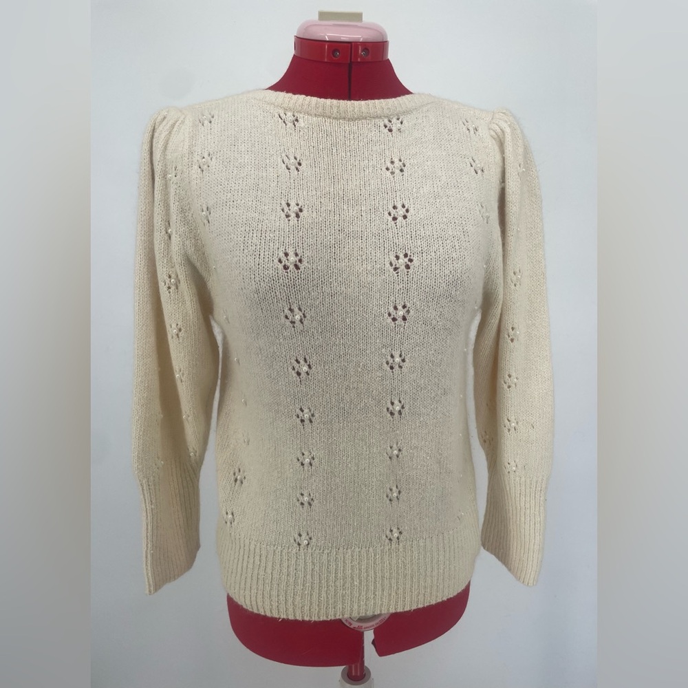 Vintage 80s Silk & Angora Cream Knit Sweater With Floral Cutouts & Pearl Centers - Picture 2 of 15